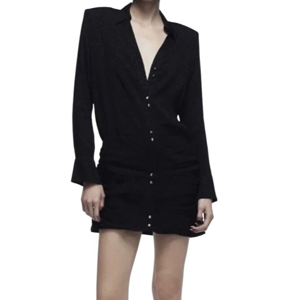 Zara Leopard Jacquard Button Front Shirt Dress Size XS Black Business Casual NEW